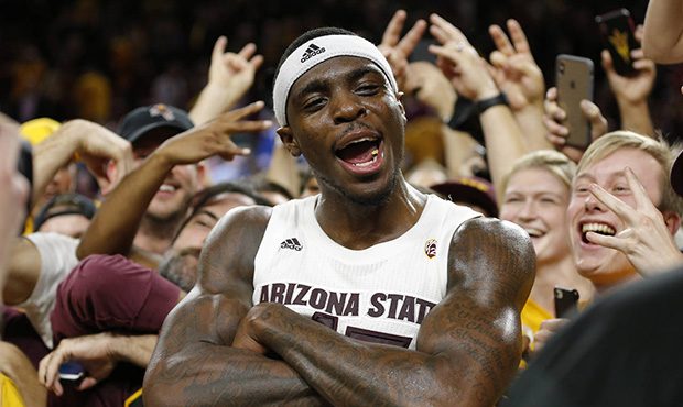 Arizona State forward Zylan Cheatham (45) celebrates with the fans after Arizona State defeated Kan...