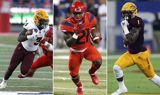 ASU's Eno Benjamin, Arizona's J.J. Taylor and ASU's N'Keal Harry, from left to right. (AP photos)...