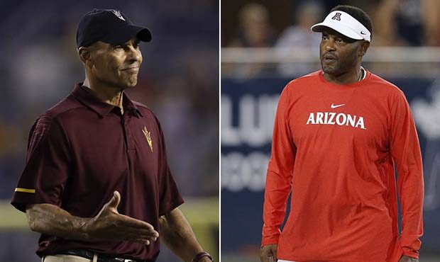 ASU coach Herm Edwards, left, and Arizona coach Kevin Sumlin, right. (AP photos)...