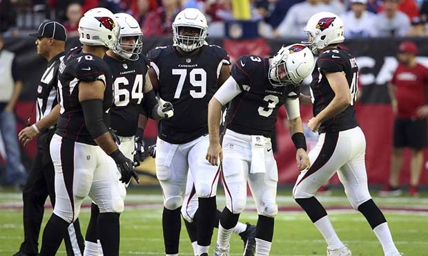 Arizona Cardinals quarterback Josh Rosen (3) reacts after being sacked against the Detroit Lions du...