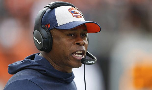 Denver Broncos head coach Vance Joseph watches from the sideline in the first half of an NFL footba...