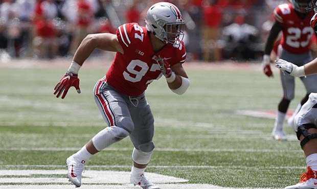 Ohio State defensive lineman Nick Bosa plays against Oregon State during an NCAA college football g...