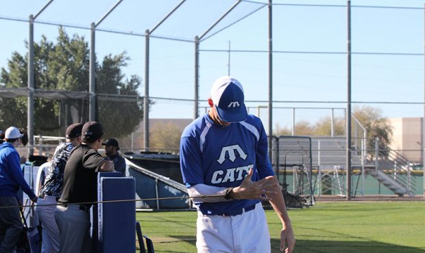 Davis Heller of Mesquite High School strengthens his arm in an inner-squad scrimmage on Thursday, F...
