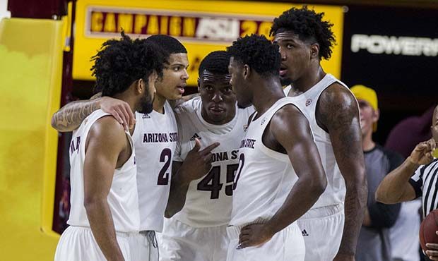 Arizona State's Remy Martin, left, Rob Edwards (2), Zylan Cheatham (45), Romello White, right, and ...