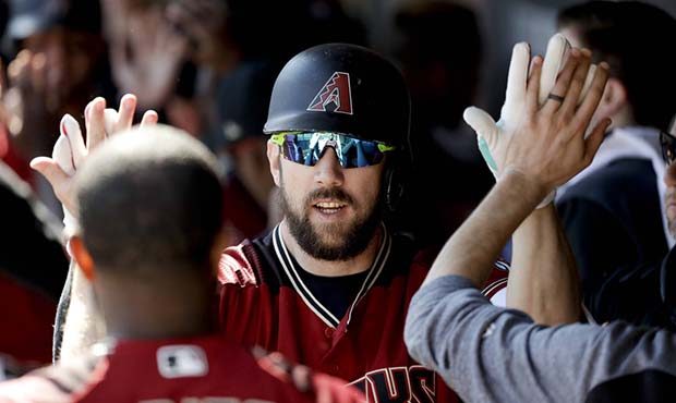 Arizona Diamondbacks' Steven Souza Jr. celebrates in the dugout after hitting a three-run home run ...
