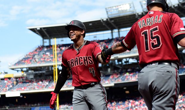 WASHINGTON, DC - JUNE 15: Ketel Marte #4 of the Arizona Diamondbacks celebrates with Ildemaro Varga...