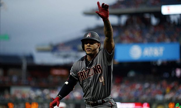 Arizona Diamondbacks' Ketel Marte reacts after hitting a home run off Philadelphia Phillies startin...
