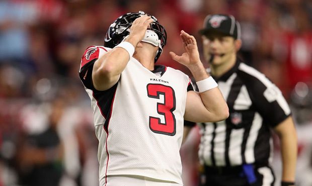 GLENDALE, ARIZONA - OCTOBER 13:  Kicker Matt Bryant #3 of the Atlanta Falcons reacts after missing ...