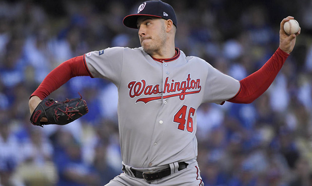 Washington Nationals starting pitcher Patrick Corbin throws to a Los Angeles Dodgers batter during ...