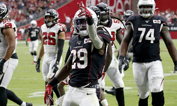 Arizona Cardinals running back Chase Edmonds (29) signals first down and goal against the Atlanta F...