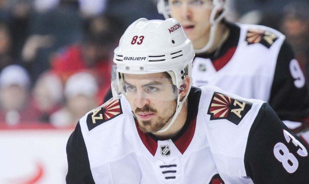 CALGARY, AB - FEBRUARY 18: Conor Garland #83 of the Arizona Coyotes in action against the Calgary F...