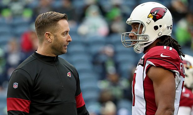 SEATTLE, WASHINGTON - DECEMBER 22: Head coach Kliff Kingsbury of the Arizona Cardinals and wide rec...