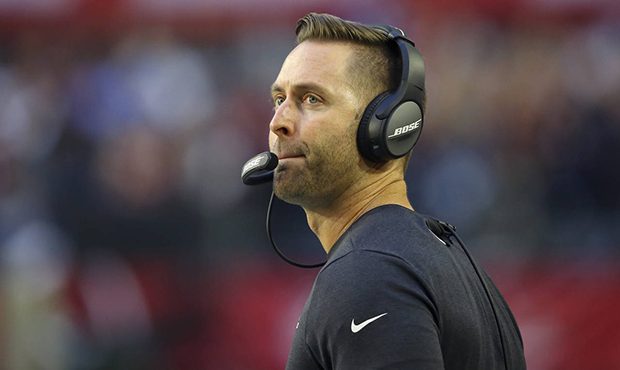 Arizona Cardinals head coach Kliff Kingsbury watches play during the first half of an NFL football ...