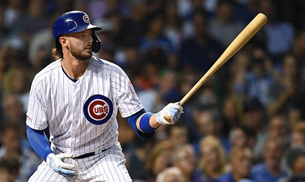 CHICAGO, ILLINOIS - AUGUST 20: Kris Bryant #17 of the Chicago Cubs at bat during a game against the...