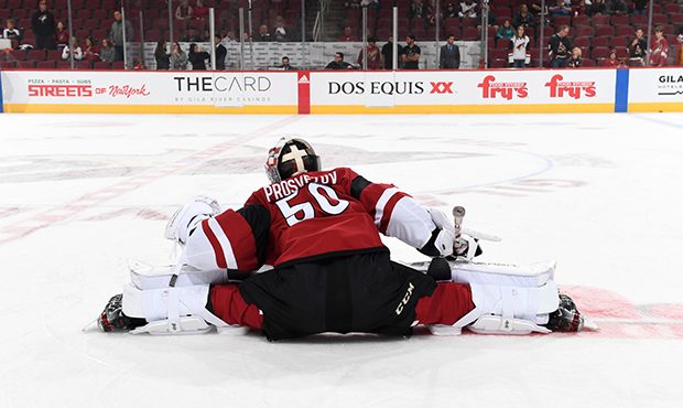 GLENDALE, ARIZONA - SEPTEMBER 21: Goalie Ivan Prosvetov #50 of the Arizona Coyotes stretches on the...