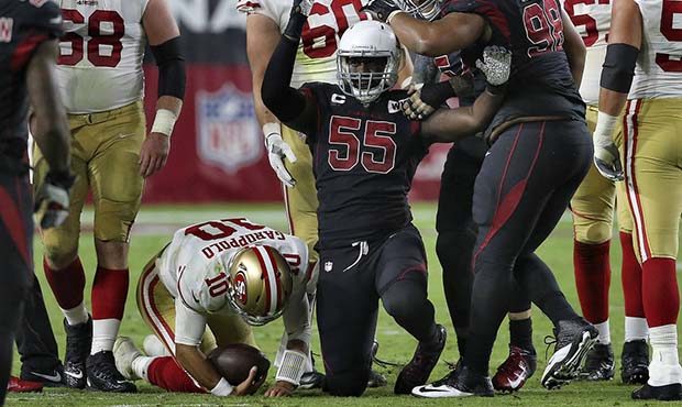 Arizona Cardinals linebacker Chandler Jones (55) celebrates his sack of San Francisco 49ers quarter...