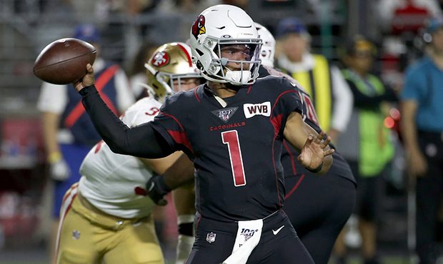 Arizona Cardinals quarterback Kyler Murray (1) throws against the San Francisco 49ers during the fi...