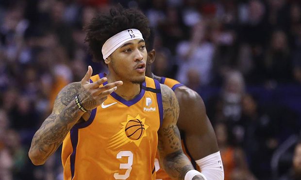 Phoenix Suns forward Kelly Oubre Jr. celebrates his three-point basket against the Houston Rockets ...