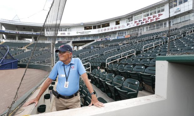 Hammond Stadium usher Ken Trammell looks out on an empty stadium, Thursday, March 12, 2020, in Fort...