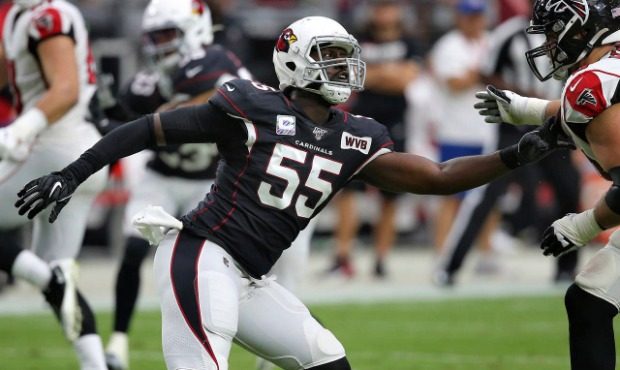 Arizona Cardinals linebacker Chandler Jones (55) runs a play against the Atlanta Falcons during the...