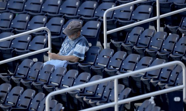 A lingering fan sits behind home plate after a spring training baseball game between the New York Y...