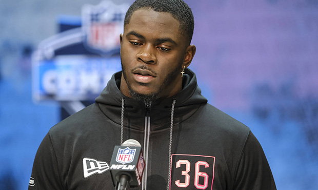 Tennessee linebacker Darrell Taylor speaks during a press conference at the NFL football scouting c...