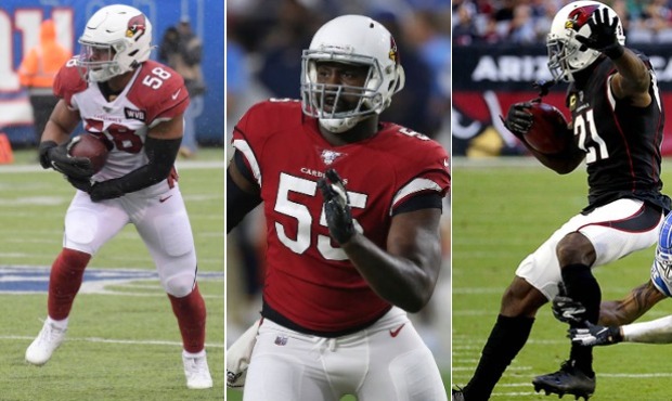 From left to right, Cardinals ILB Jordan Hicks, OLB Chandler Jones and CB Patrick Peterson (AP phot...