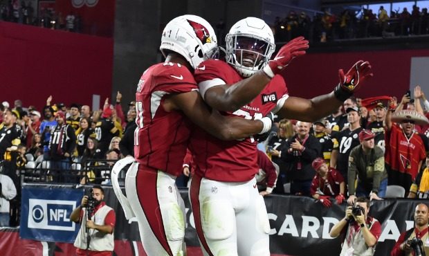 David Johnson #31 of the Arizona Cardinals celebrates with Kenyan Drake #41 after scoring a touchdo...
