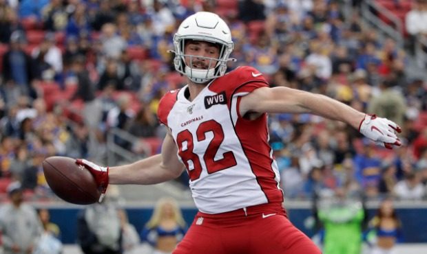 Arizona Cardinals tight end Dan Arnold celebrates after scoring during first half of an NFL footbal...