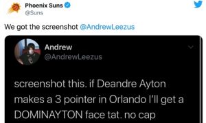 Suns fan speaks on if he is following through on a face tattoo after Ayton's 3