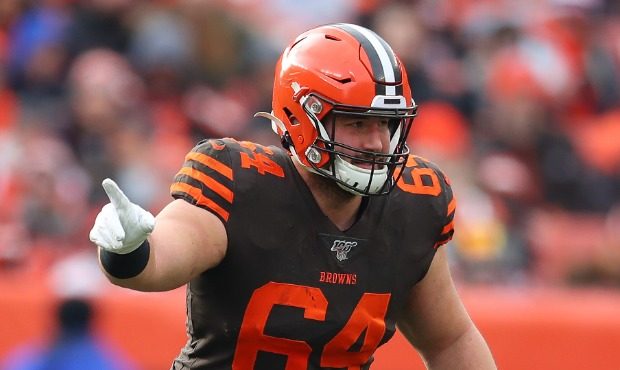 JC Tretter #64 of the Cleveland Browns plays against the Cincinnati Bengals at FirstEnergy Stadium ...