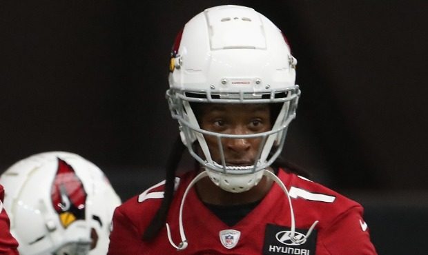 Wide receiver DeAndre Hopkins #10 of the Arizona Cardinals lines up for drills during a team traini...