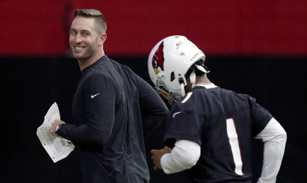 In this July 30, 2019, file photo, Arizona Cardinals' head coach Kliff Kingsbury looks back at Kyle...