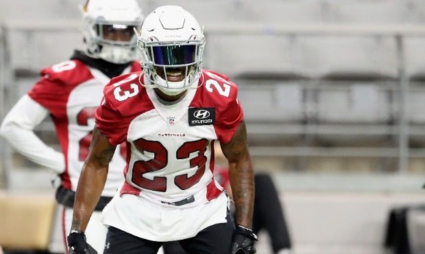 Cornerback Robert Alford #23 of the Arizona Cardinals lines up during a team training camp at State...