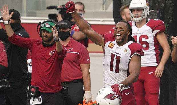 Arizona Cardinals wide receiver Larry Fitzgerald (11) celebrates during the second half of an NFL f...