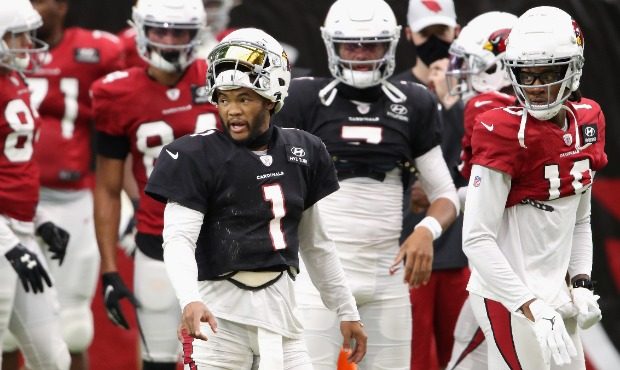 Quarterback Kyler Murray #1 and wide receiver DeAndre Hopkins #10 of the Arizona Cardinals line up ...