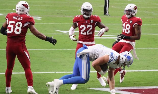 Tight end Jesse James #83 of the Detroit Lions catches a 5-yard touchdown reception against Jordan ...
