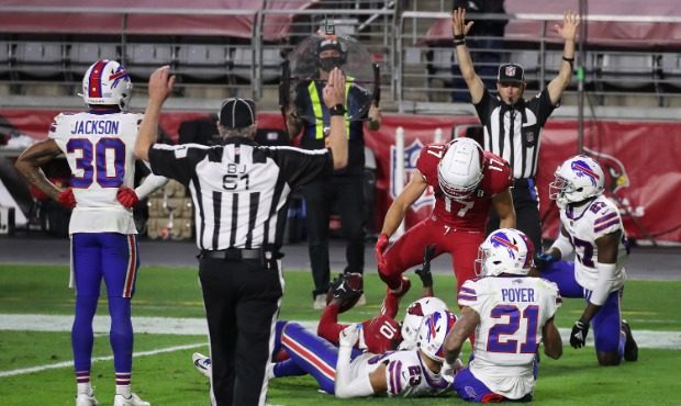 Wide receiver DeAndre Hopkins #10 of the Arizona Cardinals is congratulated by Andy Isabella #17 af...