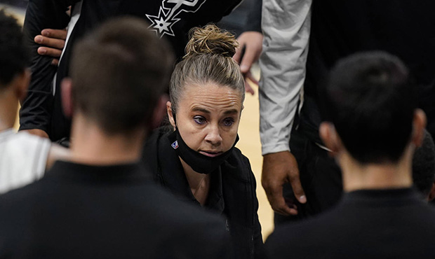 San Antonio Spurs assistant coach Becky Hammon calls a play during a timeout in the second half of ...