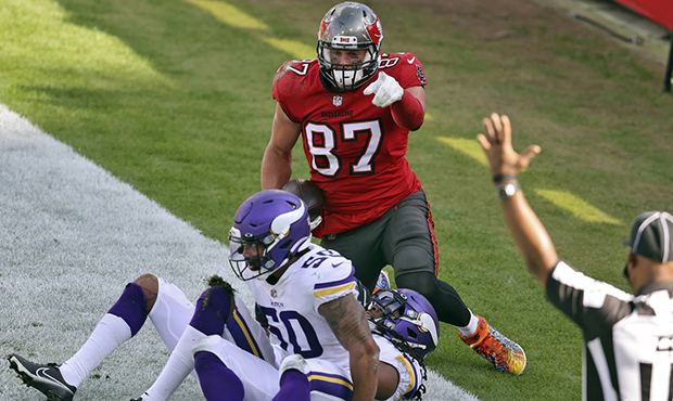 Tampa Bay Buccaneers tight end Rob Gronkowski (87) celebrates after scoring against the Minnesota V...