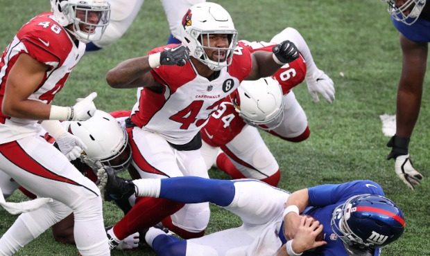 Linebacker Haason Reddick #43 and linebacker Isaiah Simmons #48 of the Arizona Cardinals react afte...