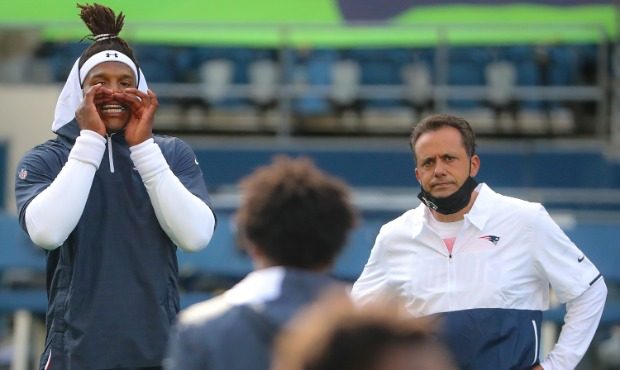 New England Patriots quarterback Cam Newton (1) and Jedd Fisch, quarterback coach are pictured befo...