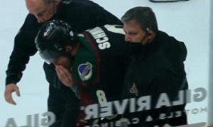 Coyotes' Nick Schmaltz is late scratch after taking puck to head in warmup