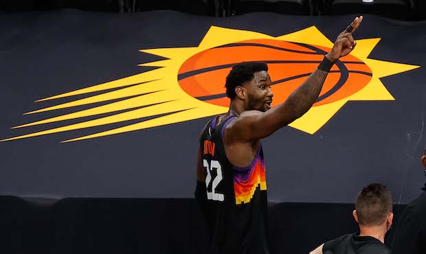 JUNE 22: Deandre Ayton #22 of the Phoenix Suns reacts to fans as he exits game two of the Western C...