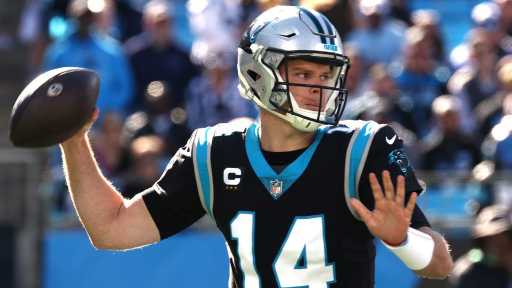 Sam Darnold #14 of the Carolina Panthers throws the ball during the first quarter against the New E...