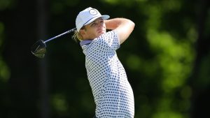 Morgan Hoffmann's golf ball ricochets off his hat at John Deere Classic