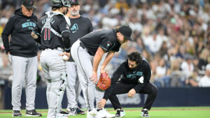 Brandon Pfaadt exits in 5th inning vs. Padres after taking comebacker to ankle
