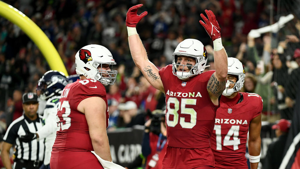 Arizona Cardinals TE Trey McBride celebrates midgame...