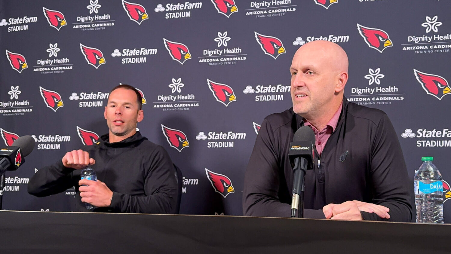 Cardinals GM Monti Ossenfort and head coach Jonathan Gannon meet with the media before the NFL Draf...