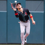 Alek Thomas #5 of the Arizona Diamondbacks catches a fly ball during the second inning against the Atlanta Braves at Truist Park on June 5, 2025 in Atlanta, Georgia. (Photo by Todd Kirkland/Getty Images)